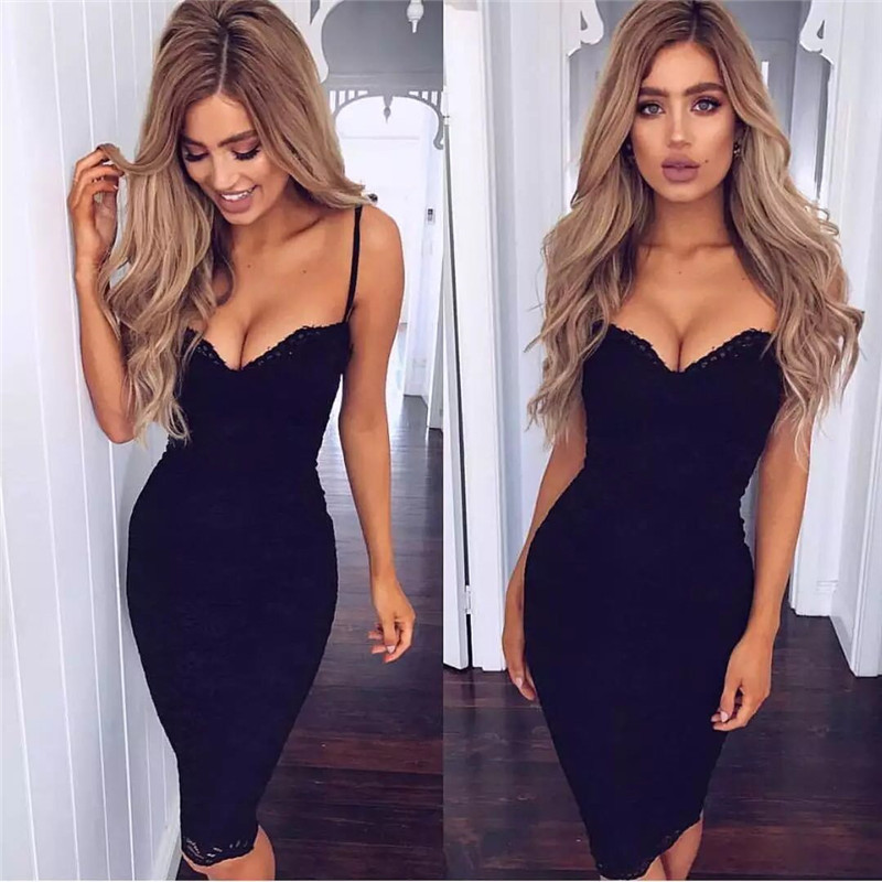 Sexy Summer Lace Elegant Party Bodycon Dress For Women V-neck Spaghetti Strap Knee-length Women's Dresses Vestidos De Fiesta C19041701