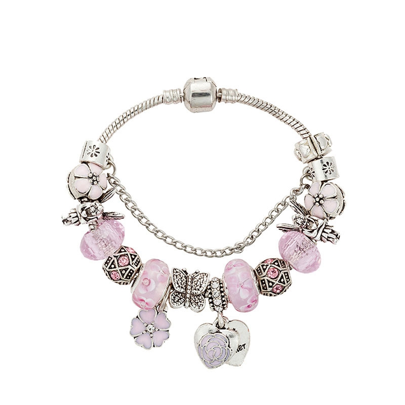 New Pink Crystal Beaded Bracelet Luxury Designer for Pandora Silver Plated DIY Charm Angel Peach Heart Pendant Bracelet with Original Box