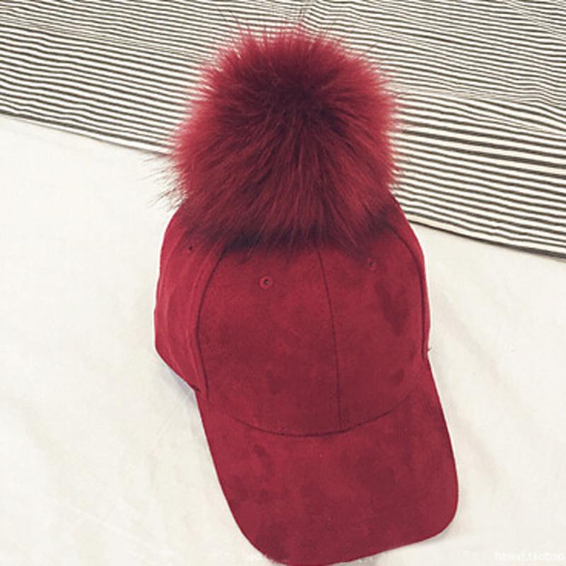 New Style Women Faux Fur Pompom Baseball Caps Light Tan Ball Suede Cap Hip-hop Hat Gorros