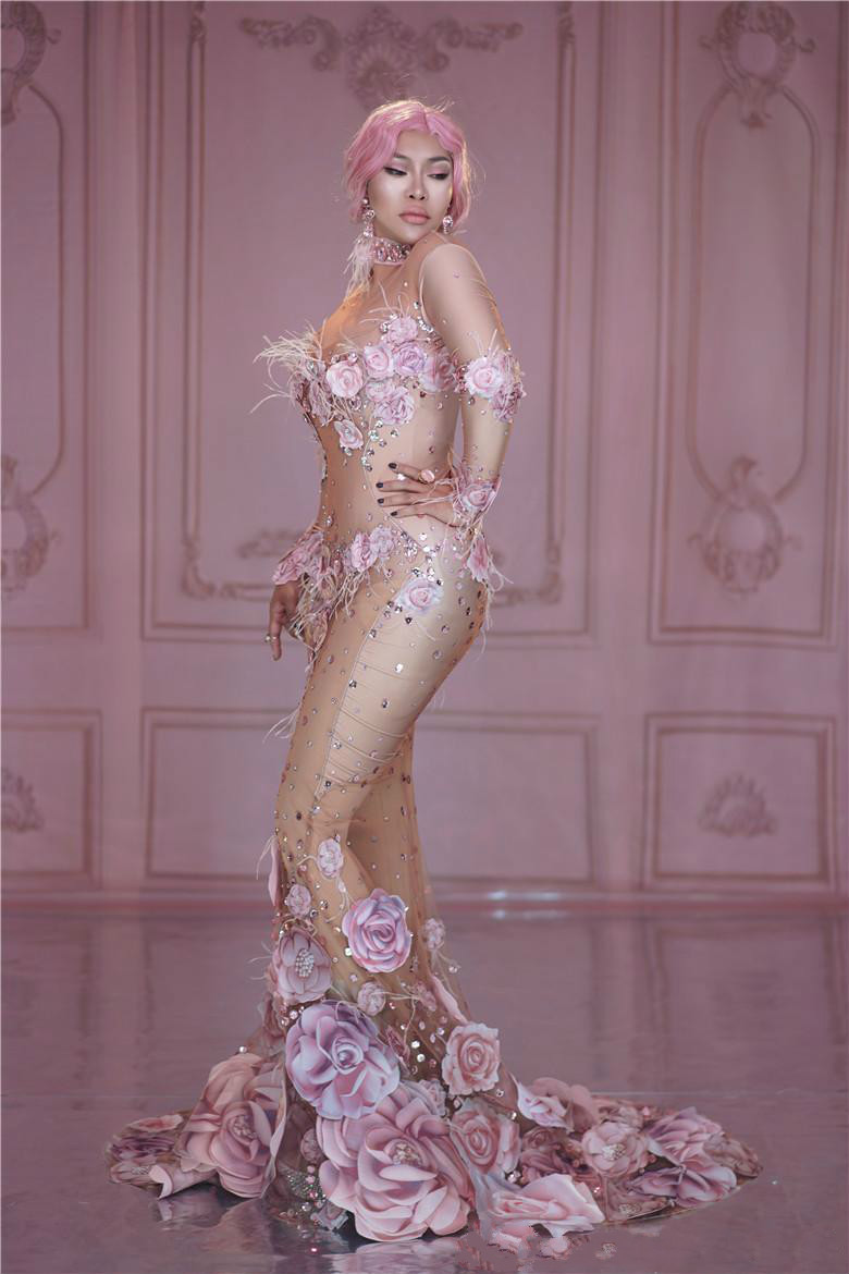 Sexy Mermaid Prom Dresses High Neck Lace Handmade Flowers Crystal Illusion Evening Dress Sweep Train Long Sleeve Special Ocassion Gowns