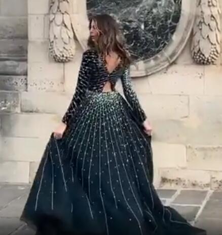 2020 Arabic Aso Ebi Luxurious Dark Green Evening Dresses Beaded Crystals Prom Dresses Long Sleeves Formal Party Second Reception Gowns ZJ222