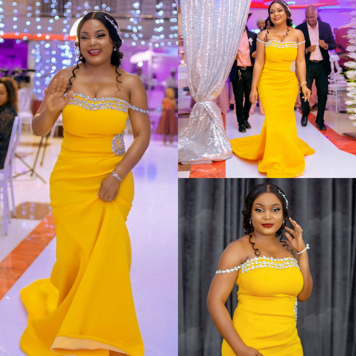 Yellow Off Shoulder Long Mermaid Bridesmaid Dresses with Crystal Satin Plus Size Maid of Honor Dress Customized Formal Evening Gowns