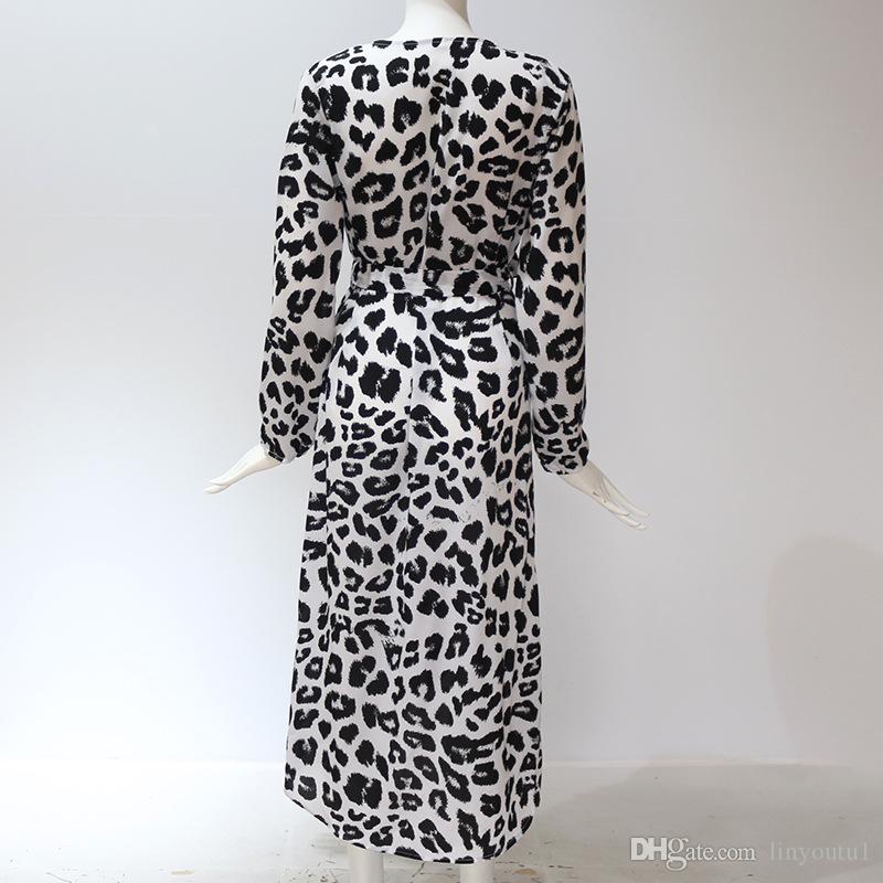 Leopard Dress 2020 Women Chiffon Long Beach Dress Loose Long Sleeve Deep V-neck A-line Sexy Party Dress