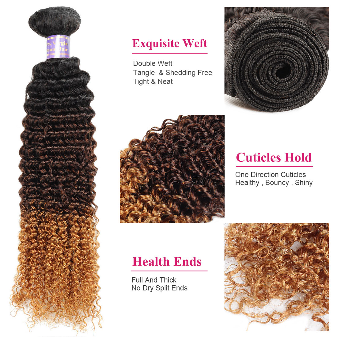 Ombre Human Hair Bundles with Closure Brazilian Hair Kinky Curly 1b/4/30 Human Weave Bundles 3Bundles 3Tone Non Remy Hair Extensions
