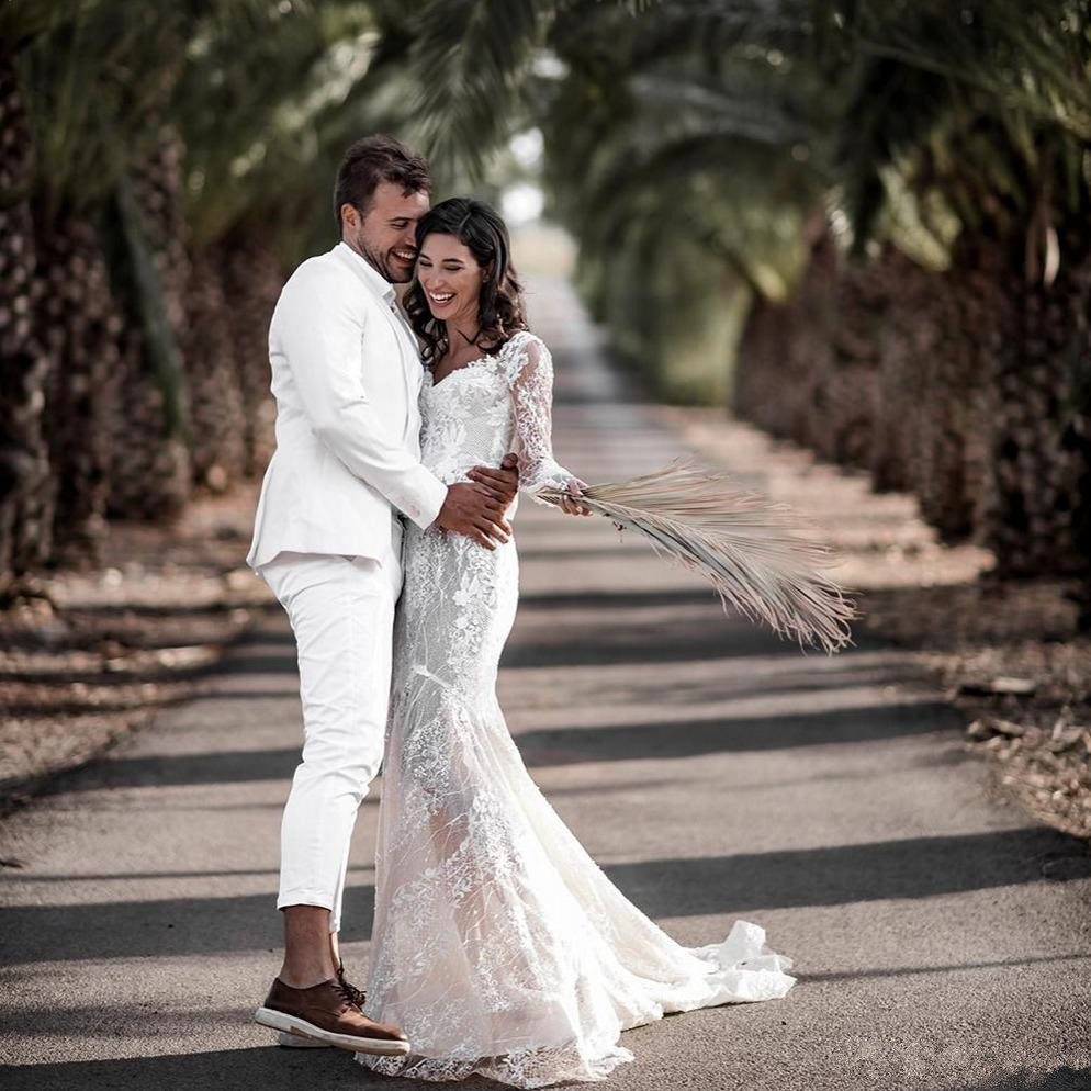Vintage Countryside Mermaid Wedding Dresses 2020 Illusion Long Sleeve Full Lace Floral Bohemian Backless Wedding Gown Vestidos De Novia