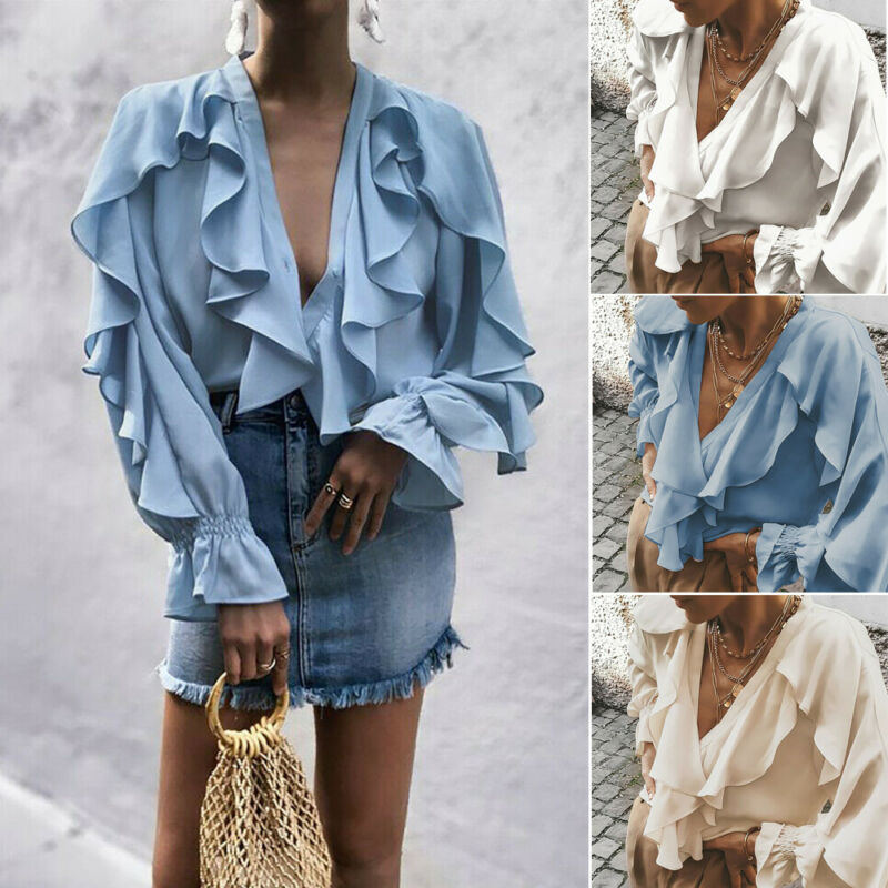 women sweet ruffled chiffon blouse V neck long sleeve cute female casual fashion blue shirt stylish tops plus size