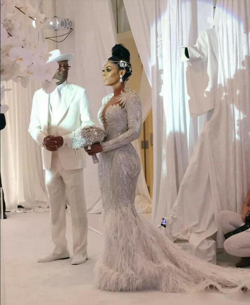 Modest Mermaid Wedding Dresses Jewel Neck Long Sleeve Tulle Lace Applique Crystal Feather Wedding Gowns Sweep Train robe de mariée