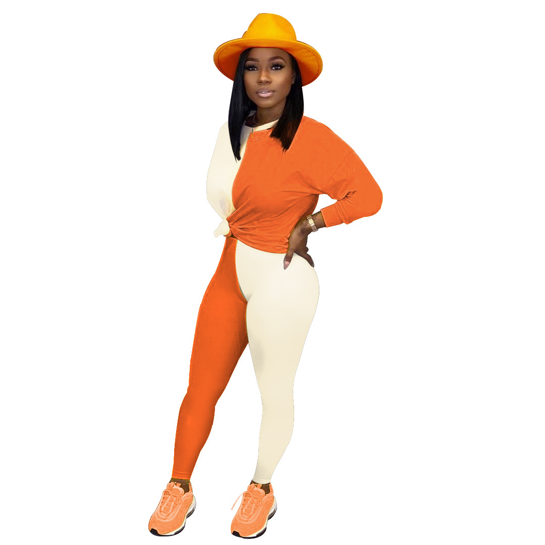 Spot Pants European-style spring and summer fashion round neck long-sleeved casual street solid color comfortable trouser suit
