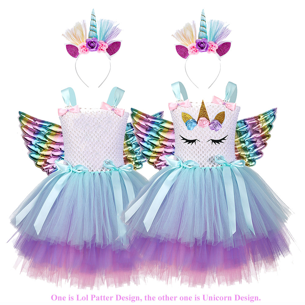 Cute Girls Lol Birthday Party 3 Layered Tulle Dress Child Cake Flower Unicorn Tutu Dress with Unicorn Headband Wing Children Pageant Gown