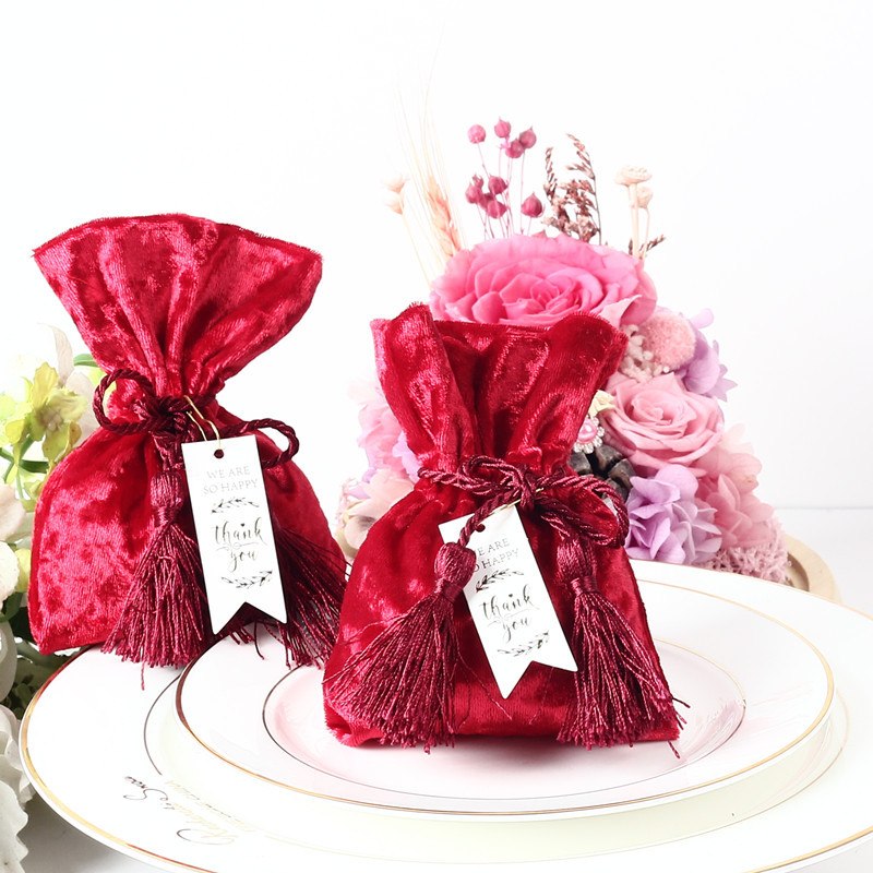 New Velvet Gift Bag with THANKS Card & Fringed Wedding Favors and Gift Box Candy Boxes for Wedding Baby Shower Party Supplies