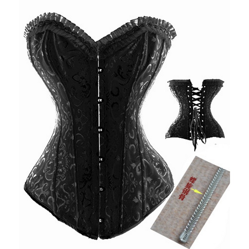 Women Bridal Jacquard Steel Bone Overbust Corset Lingerie Top Body Shaper Strong Lace Up Corselet with Pleated Ruffle Trim Plus Size S-6XL