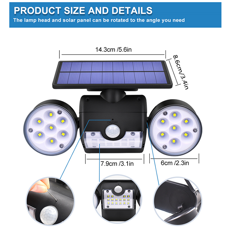 Outdoor Solar Lamp 30LED Dual Head PIR Motion Sensor Spotlight Waterproof Adjustable Wall Light for Patio Lawn Pool Yard Garage Garden