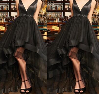 Sleeveless Tulle Hi-Lo Vestidos De Fiesta Sexy Evening Party Gowns Custom Made 2019 Black High Low Prom Dresses With Sashes V Neck
