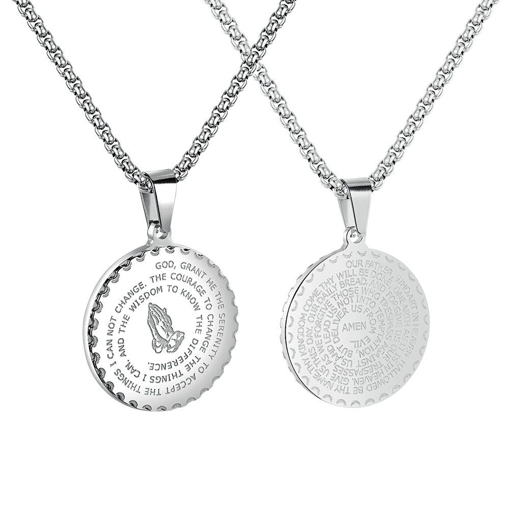 Retro Praying Hands And Bible Verse Double Sided Pendant Necklace with Chain For Mens 316L Stainless Steel 18K Gold Plated Jewelry