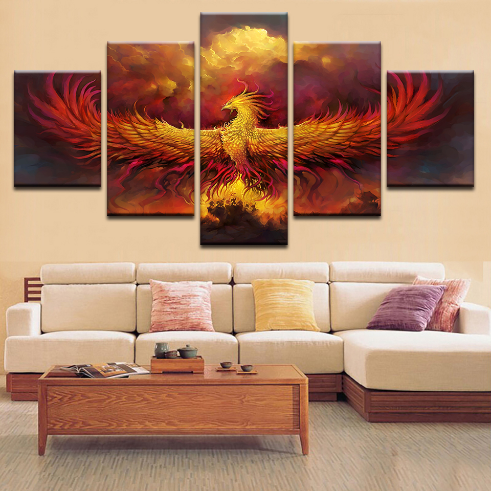 No Frame 5 Pieces Home Decor Wall Art Picture Abstract Fire Phoenix Animals Oil Painting Printed on Canvas for Living Room Decor