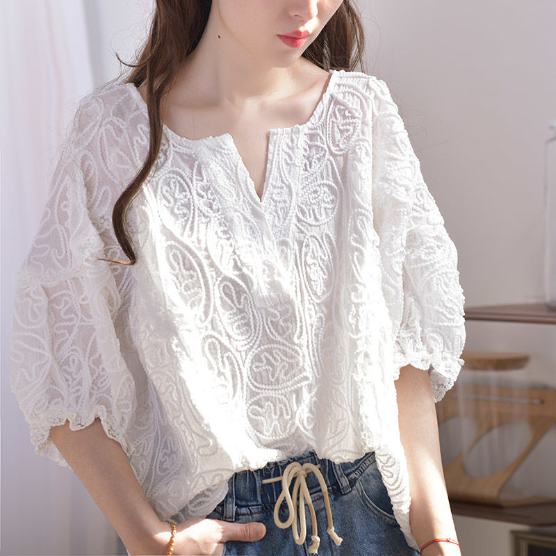 2020 Summer Korea Fashion Women V-neck Loose Embroidery Lace Blouse Femme Tops All-matched Casual Sweet Shirts Plus Size S733, White
2020 Summer Korea Fashion Women V-neck Loose Embroidery Lace Blouse Femme Tops All-matched Casual Sweet Shirts Plus Size S733, White