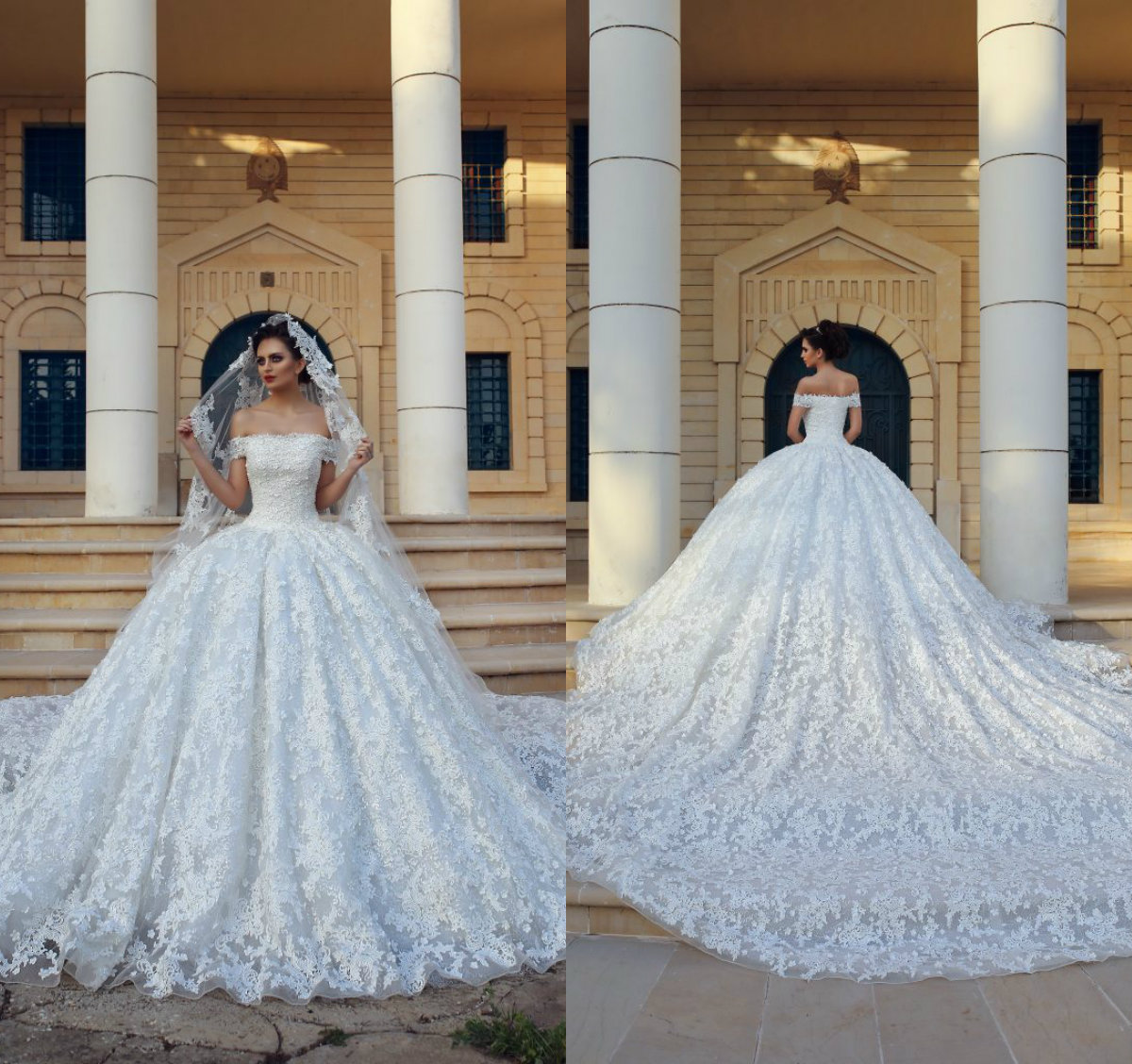 2019 Luxury Arabic Wedding Dresses Off The Shoulder Lace Appliqued Court Train Ball Gowns Custom Plus Size Wedding Dress Bridal Gowns