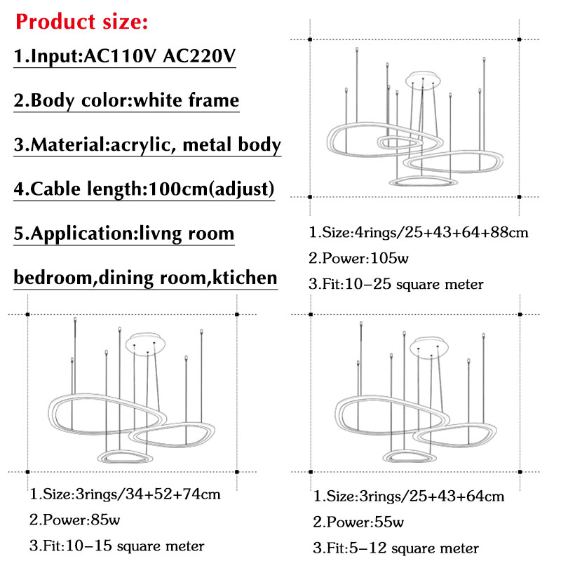 Modern Ring LED Pendant Light DIY Install Acrylic Chandeliers Lighting Fixture for Living Room Dining Room Bedroom Hall