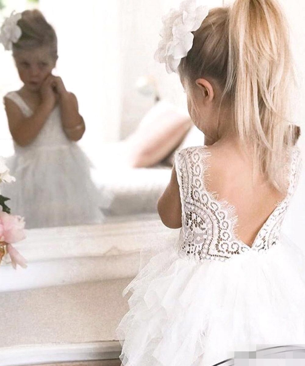 2019 Cute Short wer Girls' Dresses Lace Tulle Tiered Skirts Ruffles Sleeveless Cheap Bohemian Kids Formal Wear Pageant Ball Gown