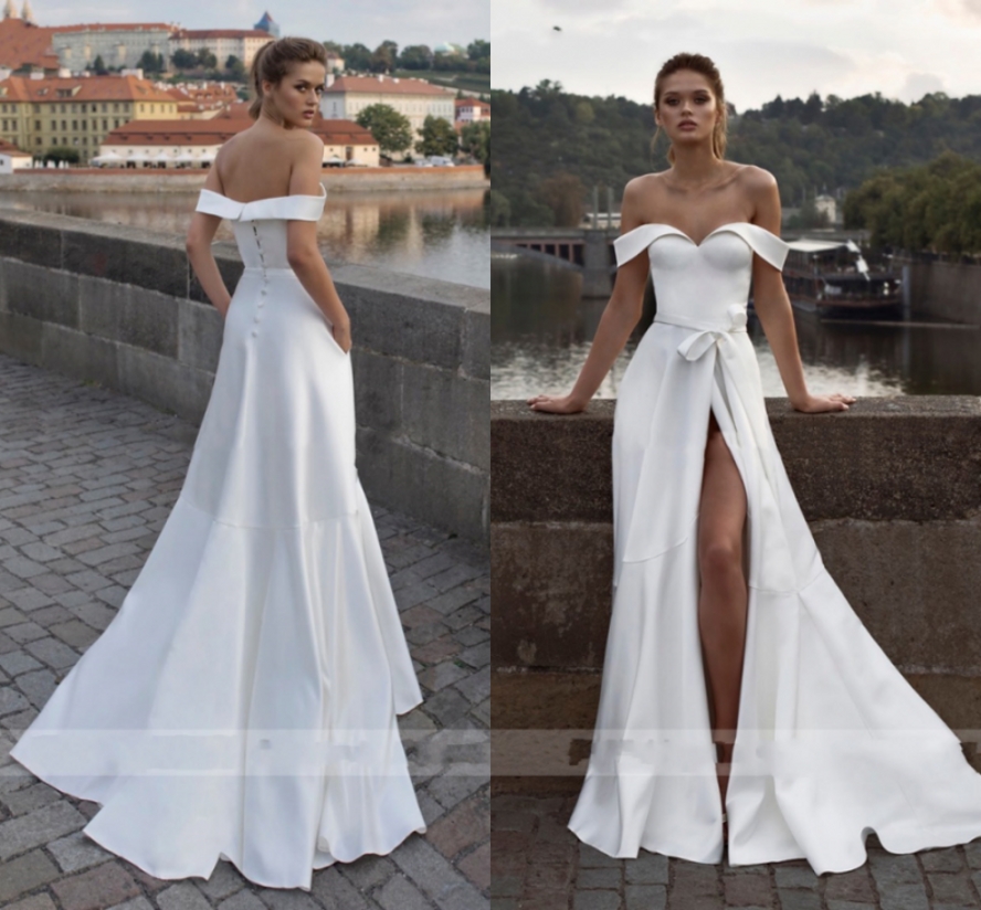 Simple Princess Wedding Dress Mermaid Satin High Split Bride Dresses Off The Shoulder Boho Wedding Gown Vestido de noiva