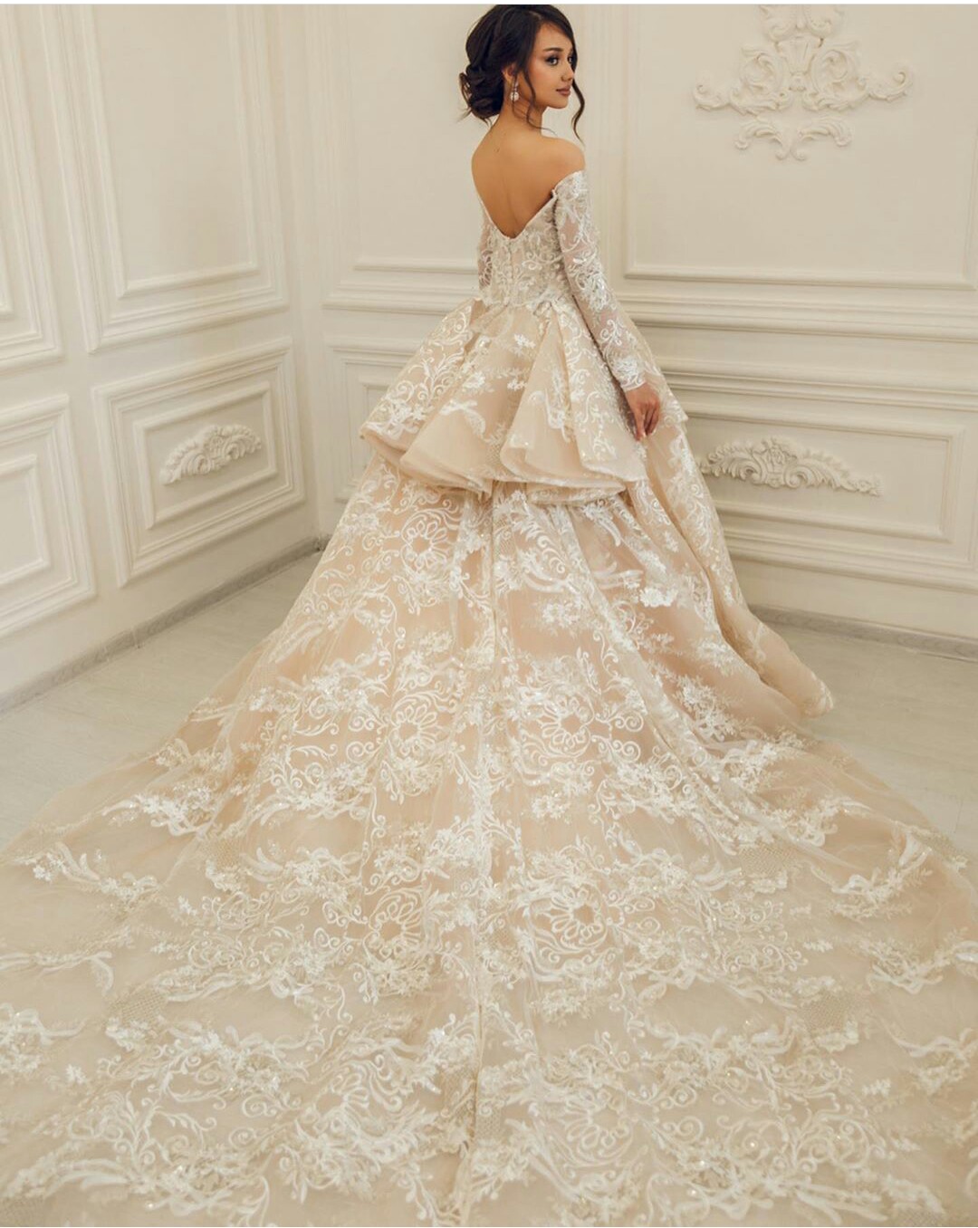 Champagne A Line Wedding Dresses Off Shoulder Lace Appliques Long Sleeve Sweep Train Bridal Gowns Plus Size Tulle Wedding Dress