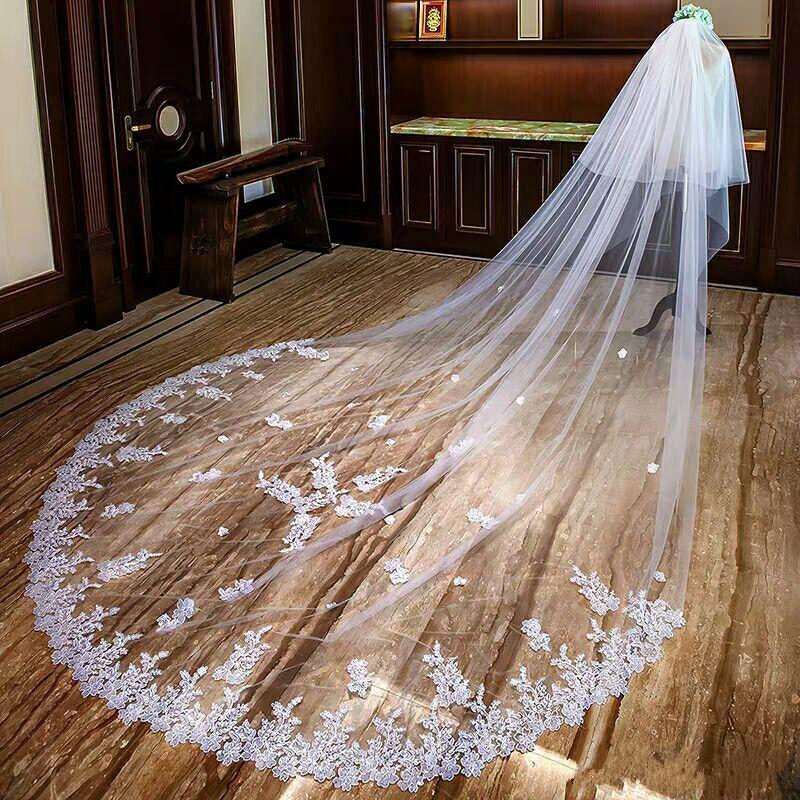 2019 Romantic Bridal Veils Cathedral Length 3m Long Appliqued Custom Made Wedding Veils With Free Comb Real Image