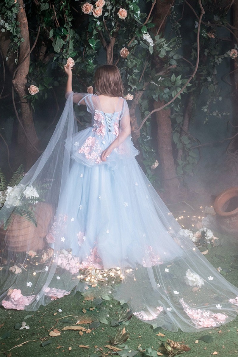 2019 Flower Girl Dress Ball Gown Girls Formal Dresses Sheer Jewel Neck 3d Flowers Floor Length Long First Communion Dresses Little Girls