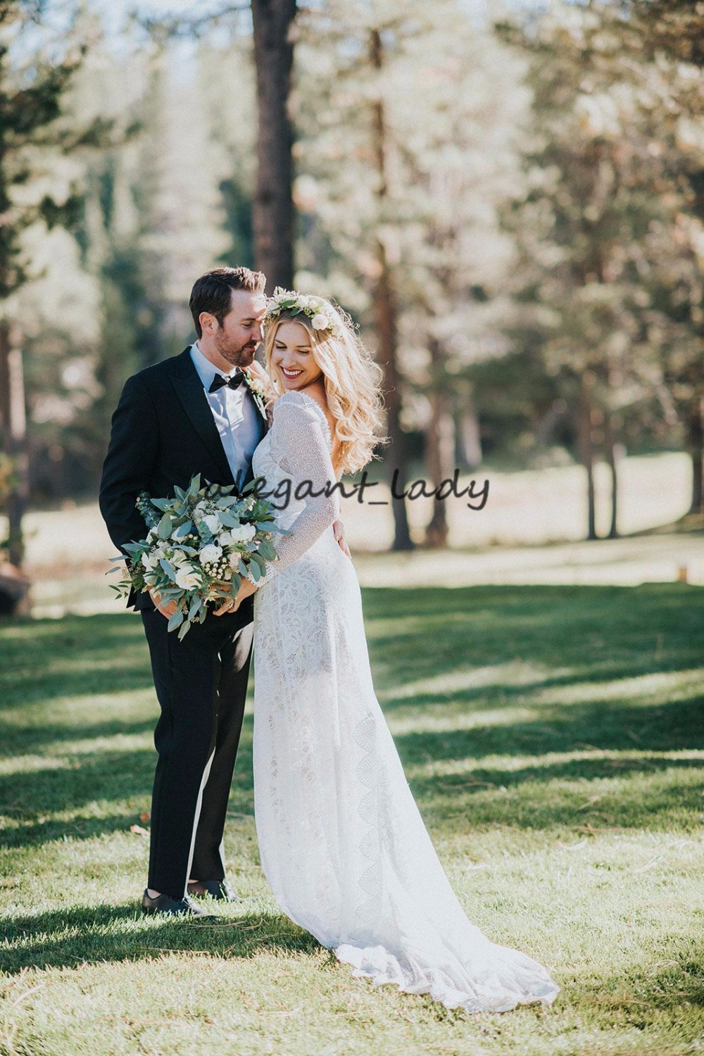 Front Slit Chic Style Bridal Gowns with Long Sleeve 2019 V-neck Vintage Crochet Cotton Lace Bohemian Country Bridal Wedding Dresses