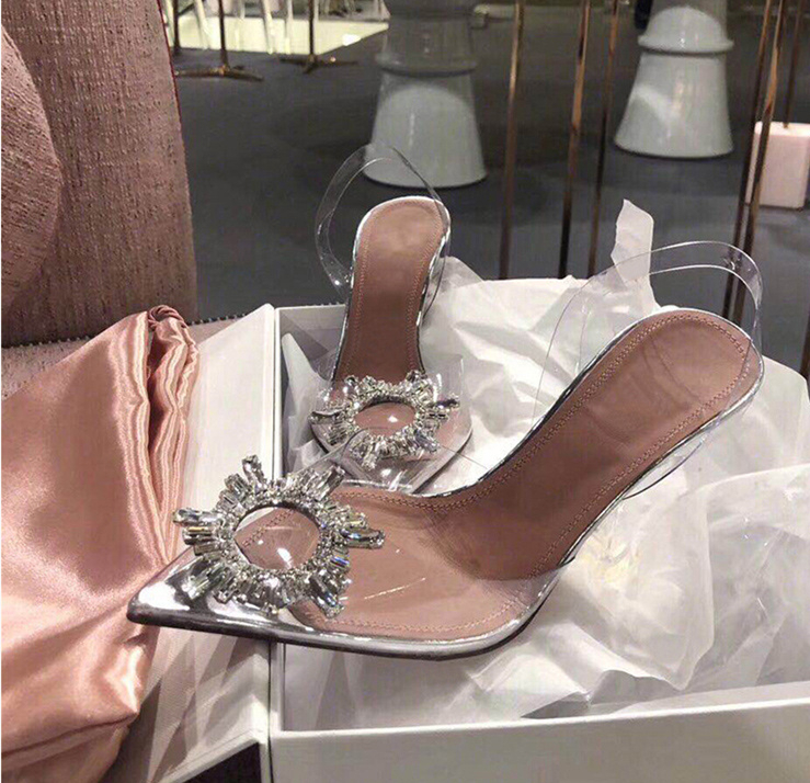 Hot Sale-Summer Woman Pointed Toe Jelly Shoes Rhinestone Lady Wedding Party High Heel Sandals