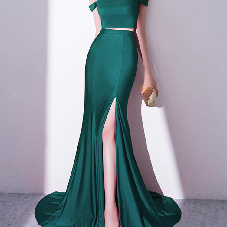 Elegant Green Off Shoulder Evening Dress Stain Two Pieces Split Floor Length Prom Dress Mermaid Mother Of Bride Dresses