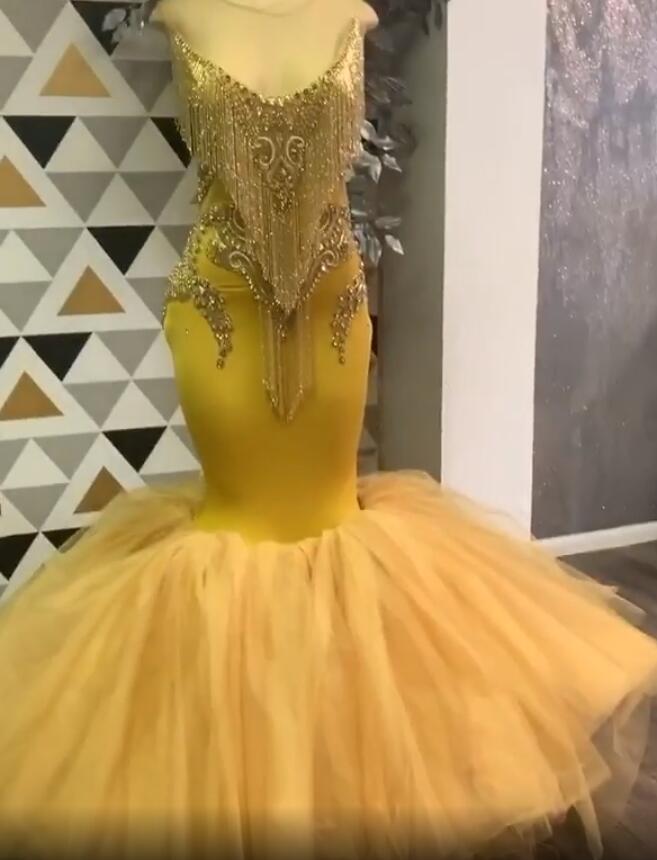 Aso Ebi 2020 Arabic Yellow Luxurious Sexy Evening Dresses Mermaid Beaded Crystals Prom Dresses Tulle Formal Party Second Reception Gowns ZJ4