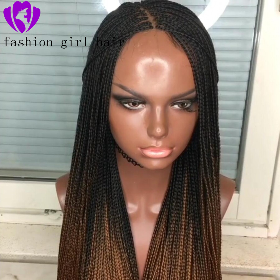 Long Ombre Brown braiding Hair Synthetic Lace Front Wig Two Tone Dark Brown box Braids Wigs For black Women Glueless Lace Wig