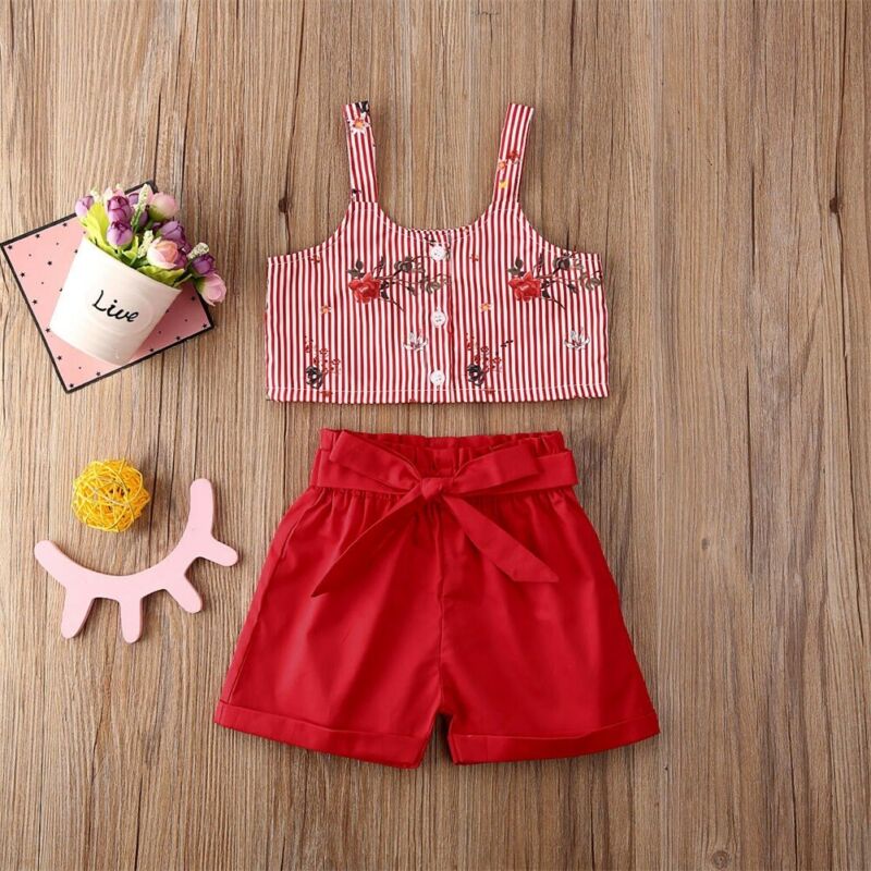 2020 Summer Sleeveless Floral Striped Red T-shirt Tops Shorts Suit Cute Outfits Clothing 2PCS Toddler Kids Baby Girl Clothes Set
2020 Summer Sleeveless Floral Striped Red T-shirt Tops Shorts Suit Cute Outfits Clothing 2PCS Toddler Kids Baby Girl Clothes Set