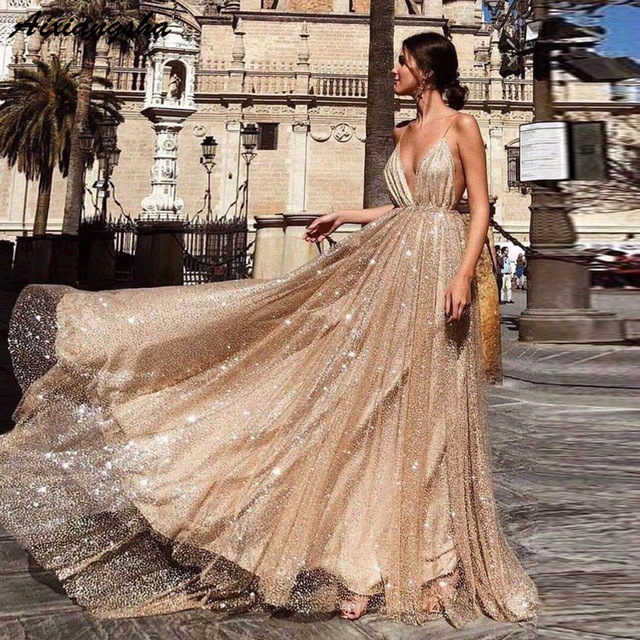 New Designer Bling Gold Sequins Prom Dresses 2019 Spaghetti Backless Sweep Train Evening Gowns Pageant Dress Formal Wear