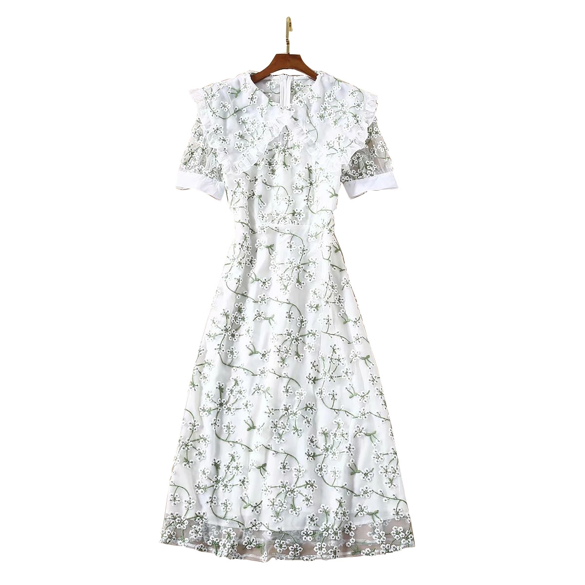 European and American high-quality catwalk embroidered navy collar waist short-sleeved dress, Customize
European and American high-quality catwalk embroidered navy collar waist short-sleeved dress, Customize