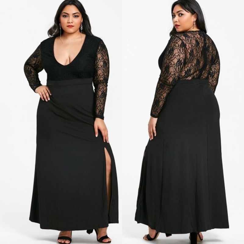 Plus Cheap Lace Size Long Sleeves Prom Dresses A Line Deep V Neck Evening Gown Ankle Length Chiffon Side Split Formal Dress nkle