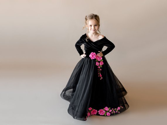 Black wer Girl Dresses With Pink Appliques Off The Shoulder or Length Long Sleeves Pageant Dress Custom Made Veet Girls Gowns