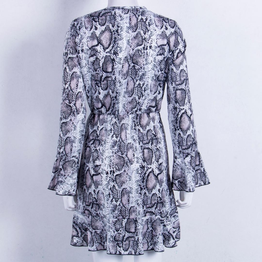 New Sexy Women Dress Leopard Snake-printed Long Sleeve V Neck Party Evening Wrap Dress Womens Ruffles Dress
