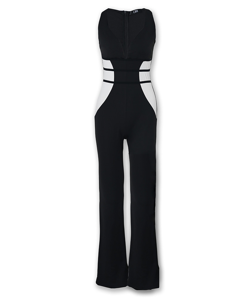 2019 Office Style Contrast Color Mesh Insert Jumpsuits Sleeveless Plunge V-neck Bodycon Party Long Playsuit T200107