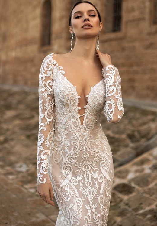 Gorgeous Lace Deep V Neck Wedding Dresses Mermaid vestido de novia with Detachable Train Long Sleeve Backless Brial Wedding Gowns