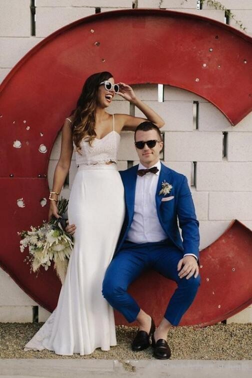 two pieces bohemia wedding dresses sexy spaghetti straps lace mermaid fitted chiffon wedding bridal gowns long wedding gowns