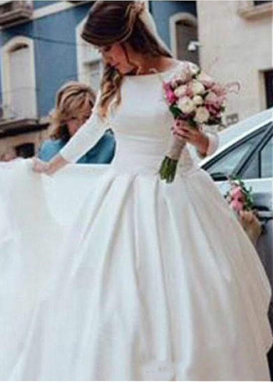 New Cheap Simple Plus Size Wedding Dresses 2020 Boat Neckline Long Sleeves Backless Sexy Bridal Gowns