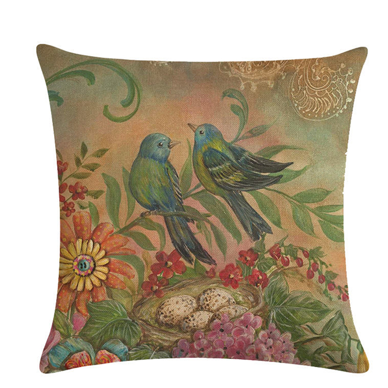 Nordic Style Vintage Flowers And Birds Decorative Cushion Covers 45*45cm Linen Throw Pillow Cover For Sofa Couch Chair Seat Bed
