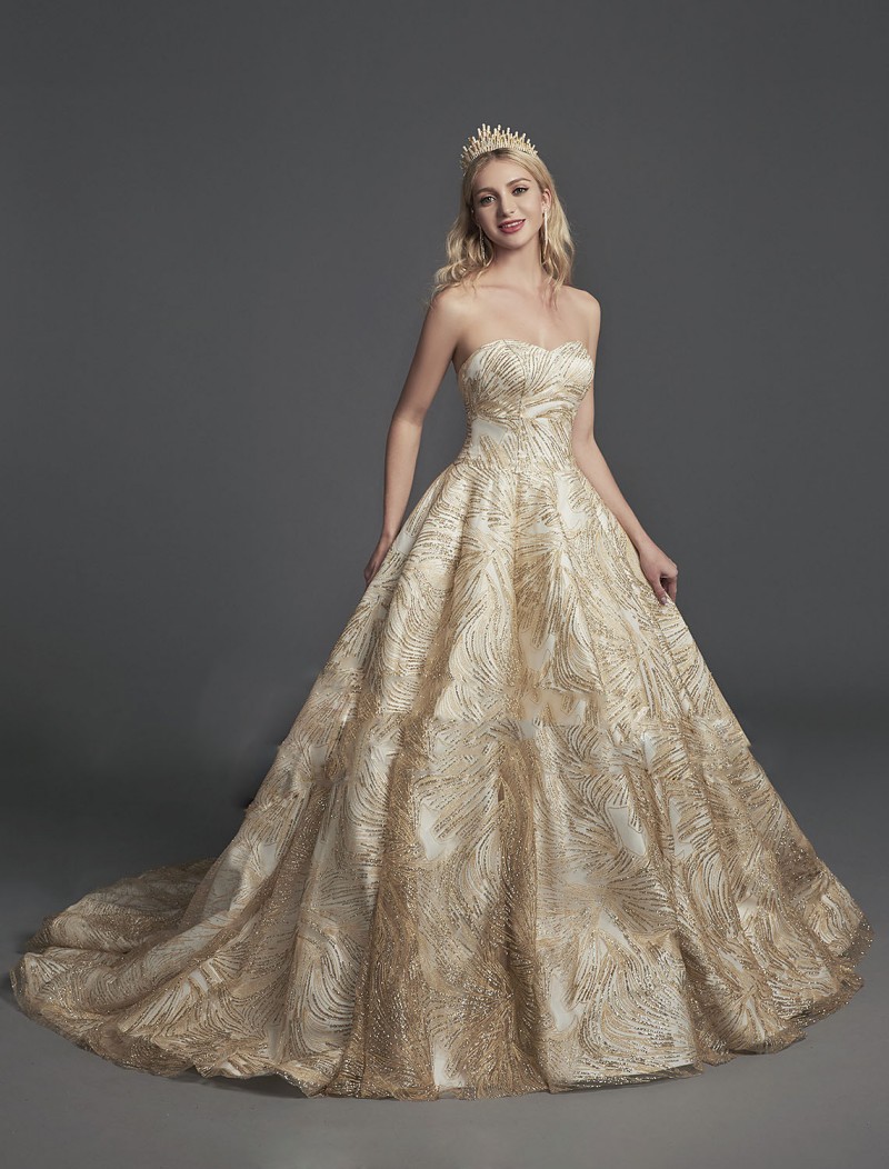 Gold Princess Royal Prom Dresses Sweetheart Sequined Glitters Shiny Evening Gowns Plus Size Special Occasion robes de soirée