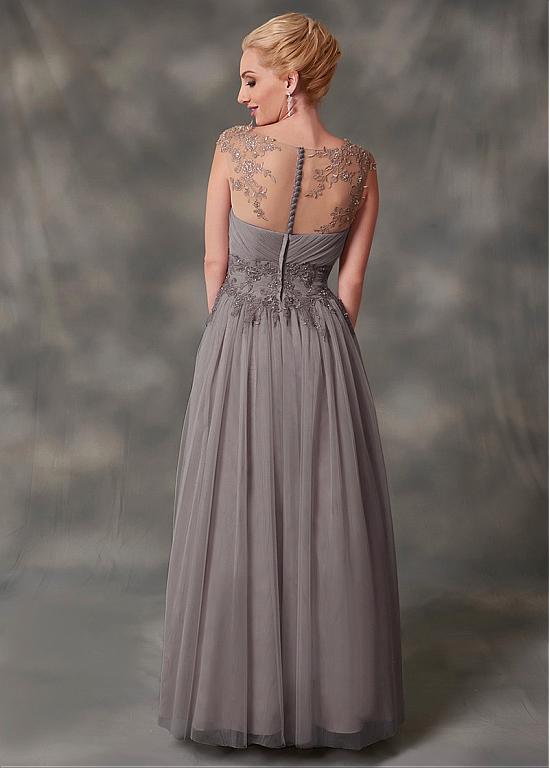 Graceful chiffon silver mother of bride dresses illusion bodice lace full length beach wedding guest groom mom dress with detachable jacket