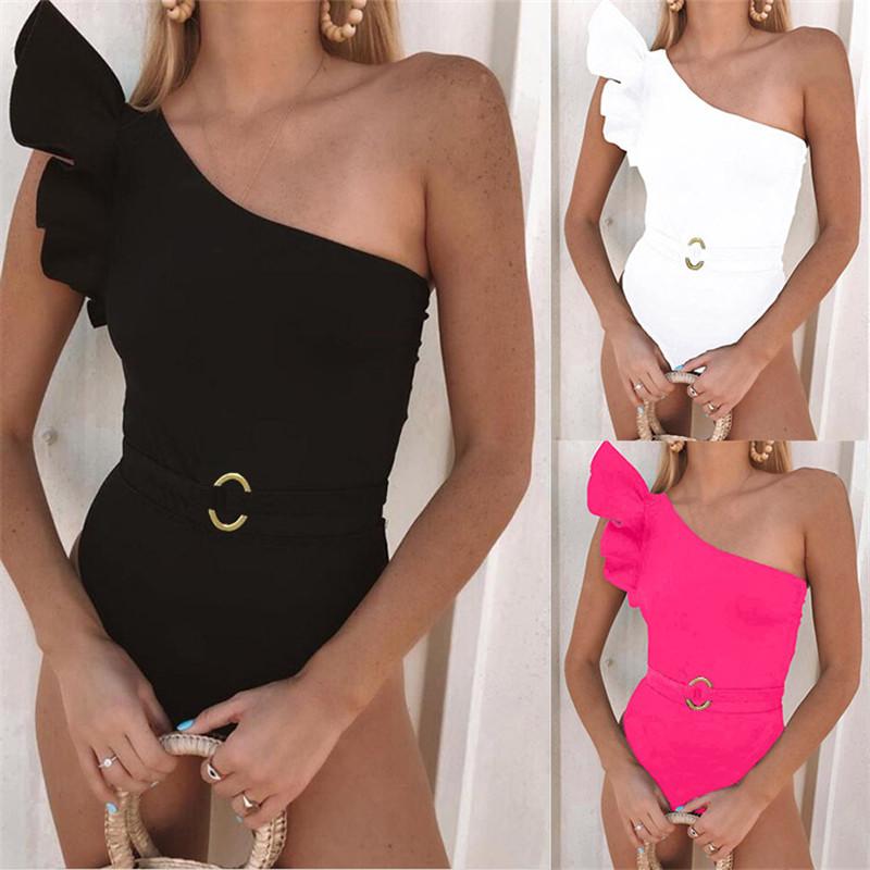Fashion Solid Color One piece Bikini European and American New Ruffled One-shoulder Bikini One piece Swimsuit