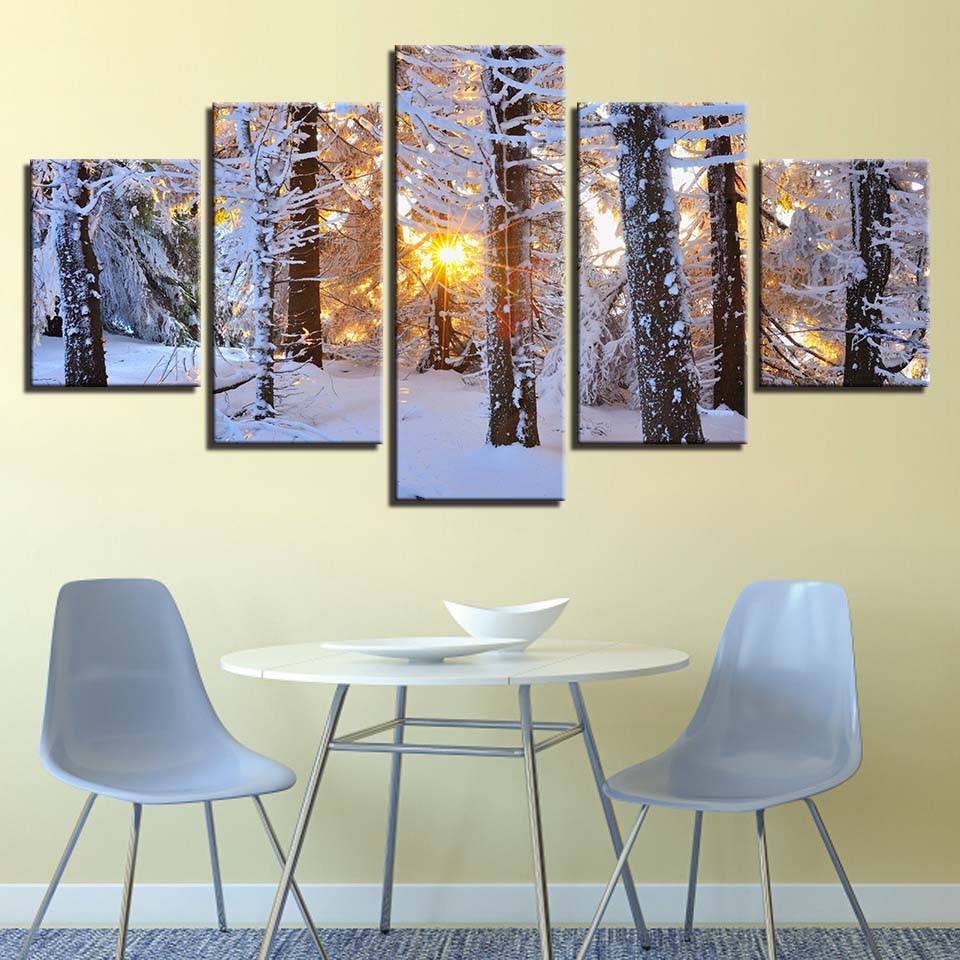 Modern Home Wall Art Decor Pictures 5 Pieces Sunrise Woods Snowfield Winter Landscape Painting Canvas For Living Room (No Frame)