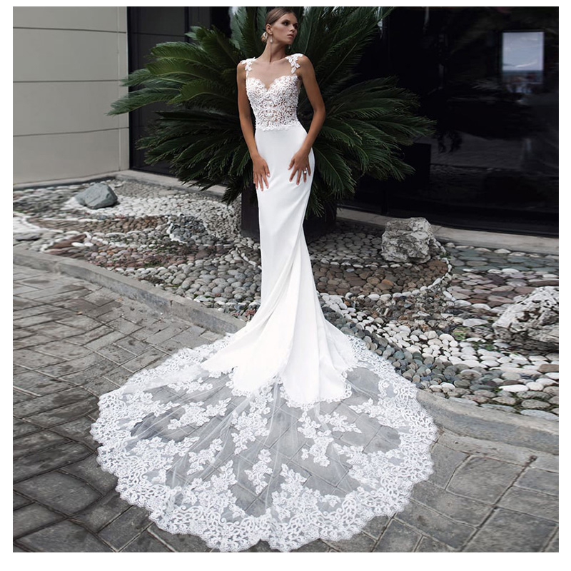 Mermaid Lace Stunning Backless Wedding Dresses Sheer Bateau Neck Sweep Train Appliqued Bridal Gowns Trumpet Plus Size Robe De Marie