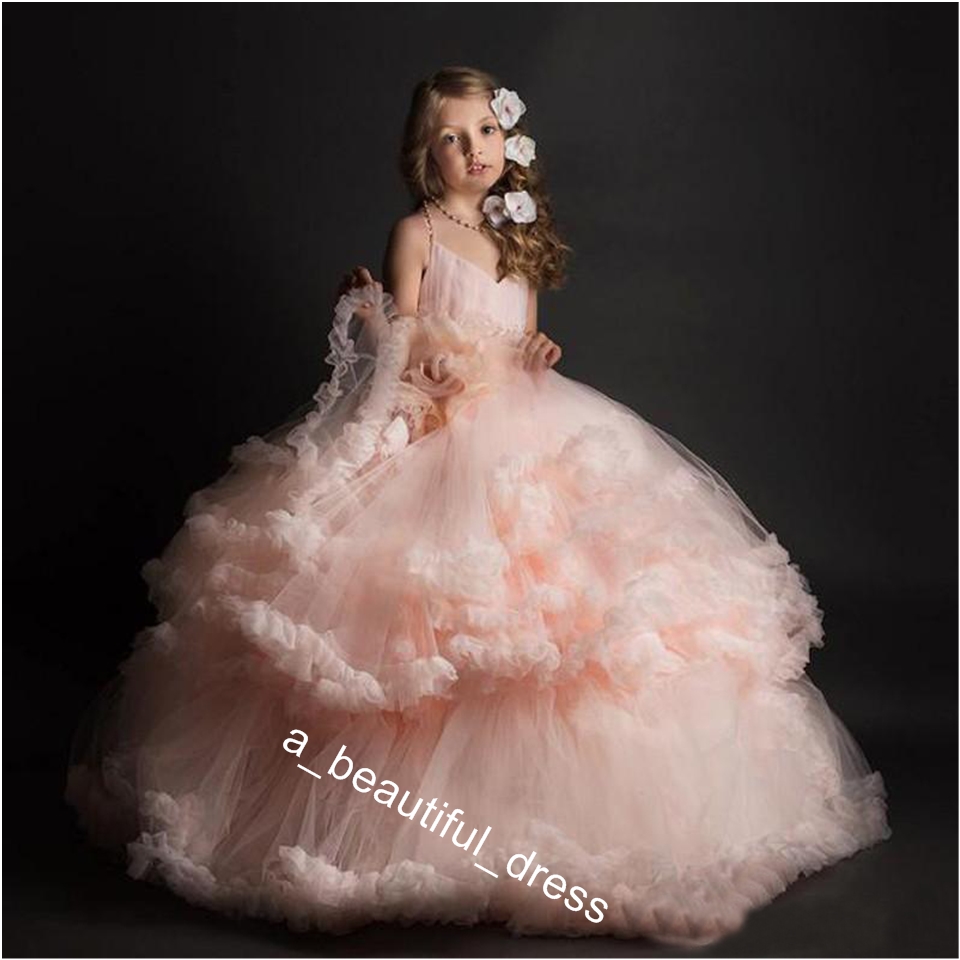 Girls Wedding Party Dresses Pink Ball Gown Pink Lovely Flower Girl Dress Long Tulles Baby Girl Toddler Pageant Gowns Kids Formal Wear FG1294