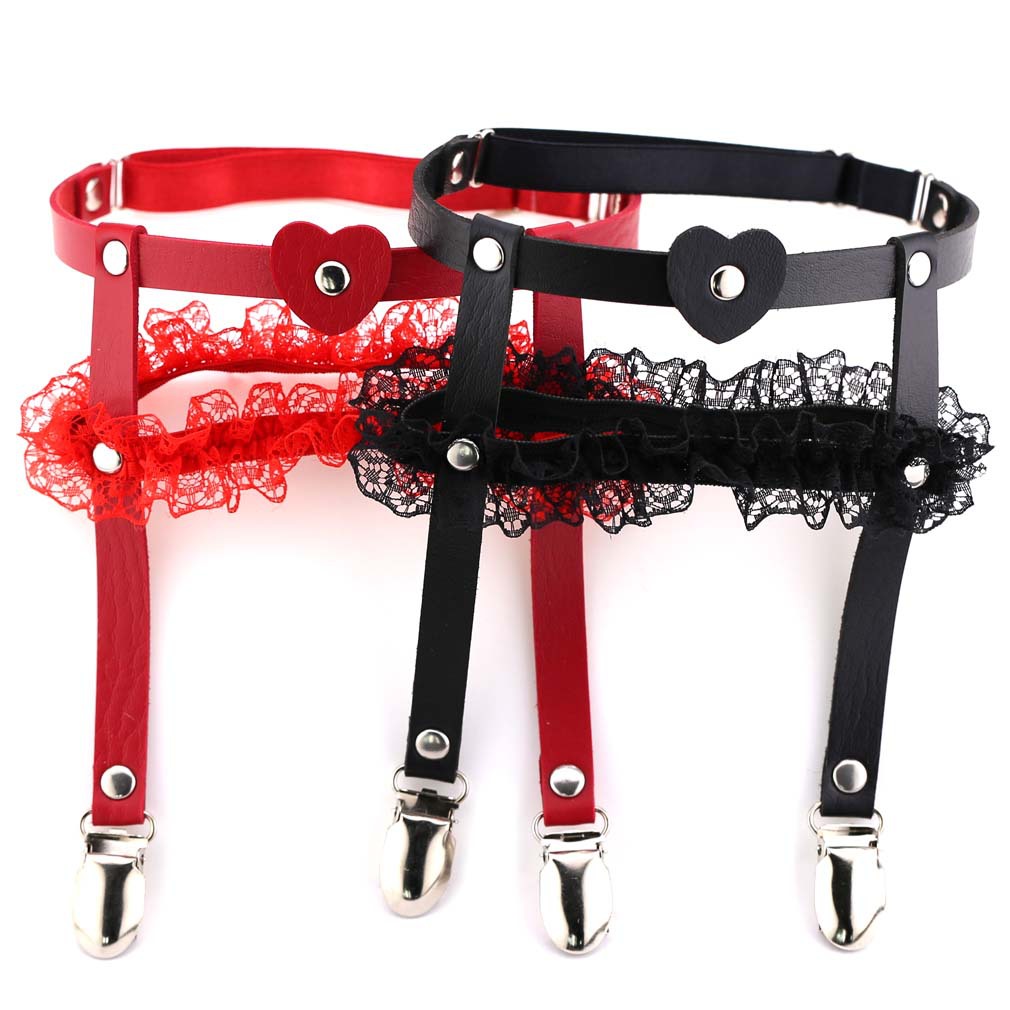 Sexy Bridal Wedding Lace Elastic Designed PU Leather Thigh Harness Heart Gothic Leg Garter Punk Rock Garter Belt Ring Multicolor Free Size